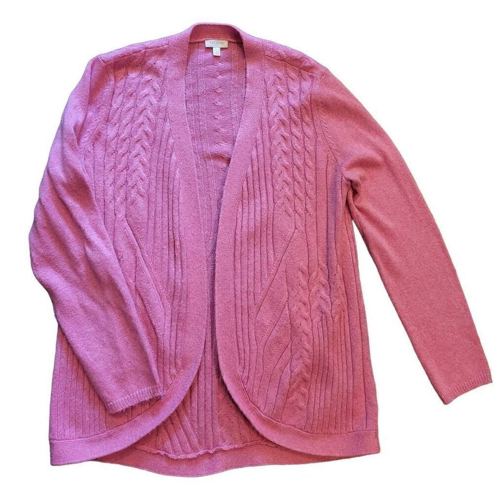 Talbots Cable Knit Cardigan Sweater Women's Small Pink Cozy Open Colorful